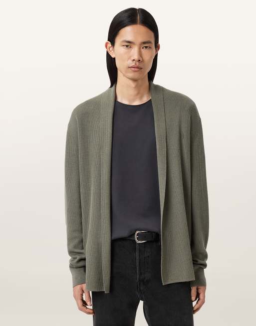 AllSaints – Mode – Offene Strickjacke aus Merinowolle in gedämpftem Grün