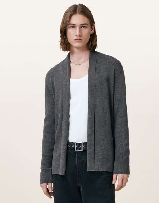 AllSaints – Mode – Offene Strickjacke aus Merinowolle in Monument-Grau