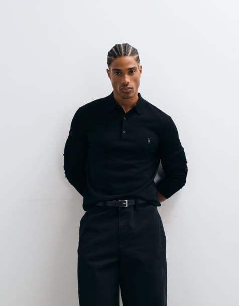 AllSaints Mode polo in maglia a maniche lunghe con logo in merino nero - view 1