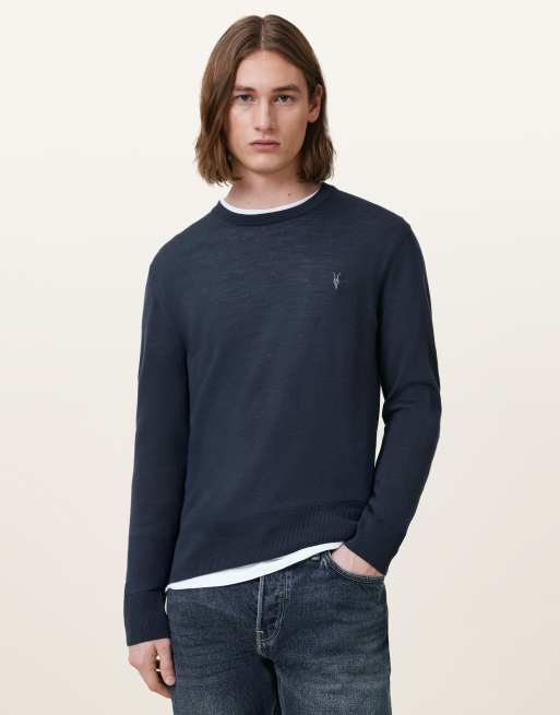 AllSaints – Mode – Pullover aus Merinowolle in Weidenblau mit Rundhalsausschnitt