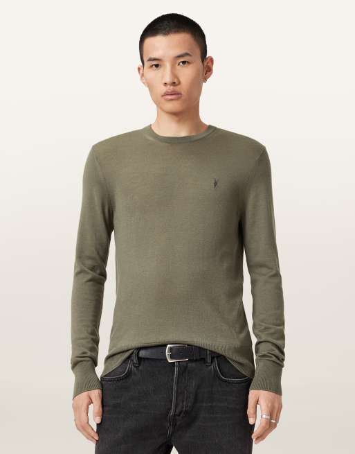 AllSaints – Mode – Sweatshirt aus Merinowolle in gedämpftem Grün mit Rundhalsausschnitt
