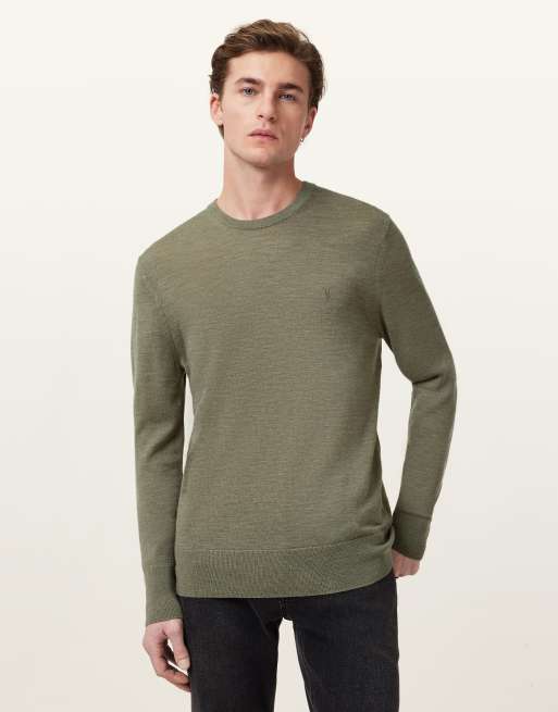 AllSaints – Mode – Sweatshirt aus Merinowolle in Grün mit Rundhalsausschnitt