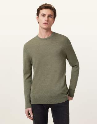 AllSaints – Mode – Sweatshirt aus Merinowolle in Gutshof-Grün mit Rundhalsausschnitt