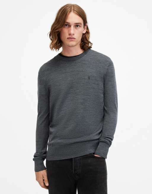AllSaints – Mode – Sweatshirt aus Merinowolle in Marineblau mit Rundhalsausschnitt