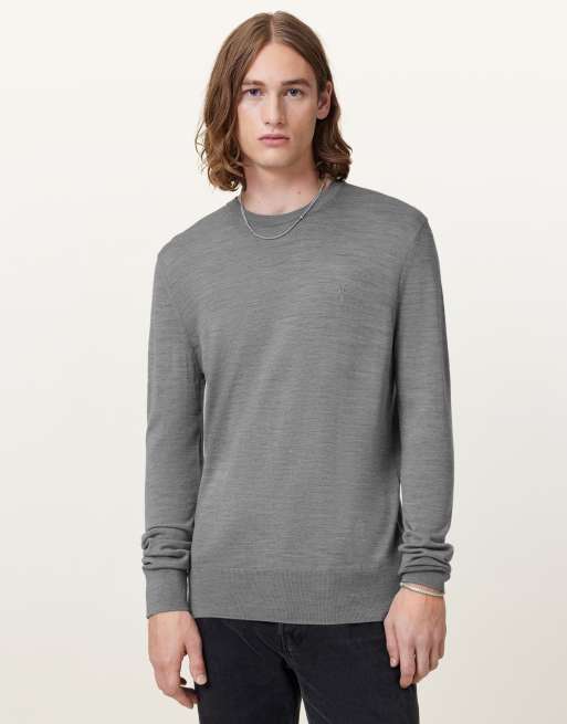 AllSaints – Mode – Sweatshirt aus Merinowolle in Monument-Grau mit Rundhalsausschnitt