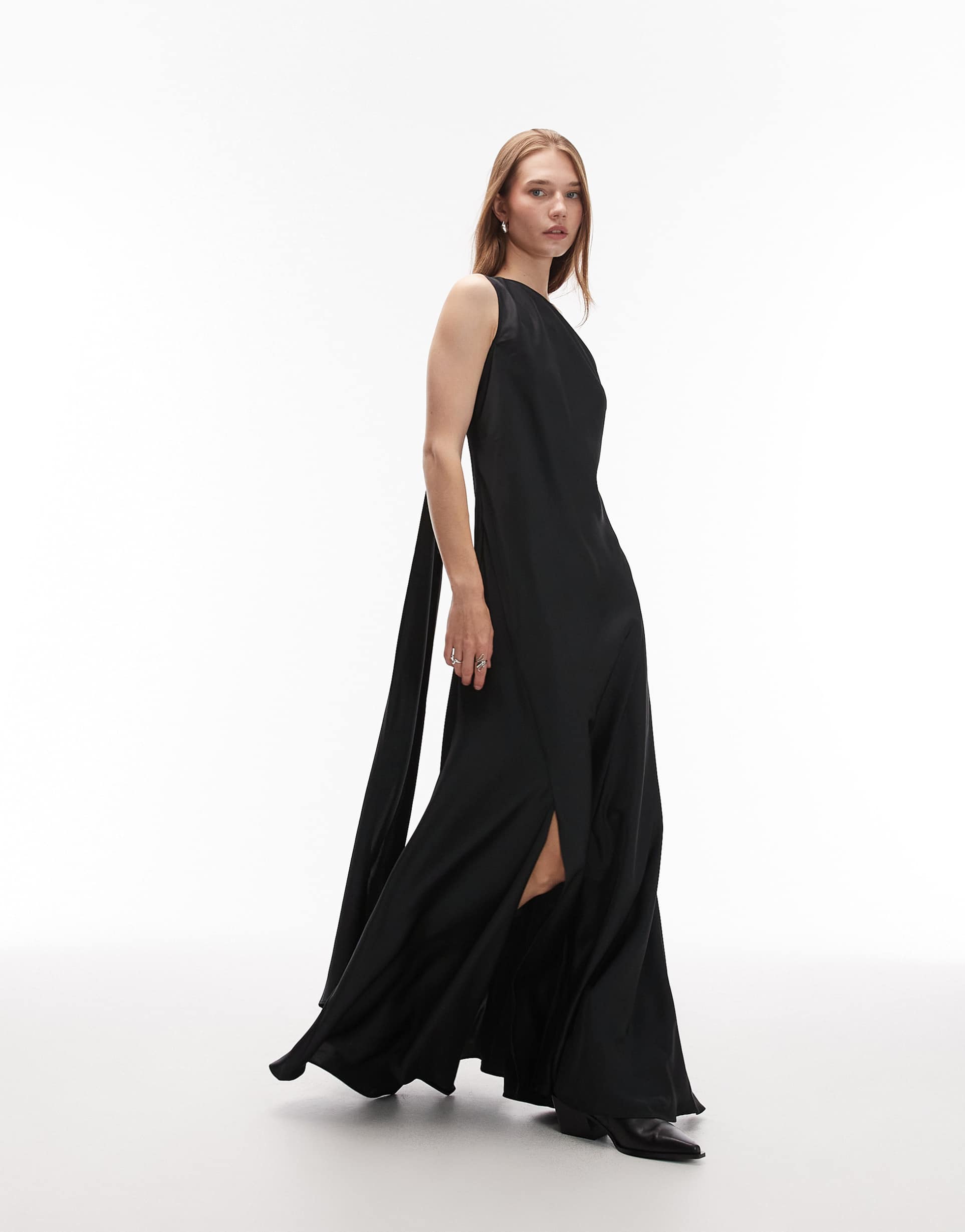 allsaints monica satin maxi dress with open back in black