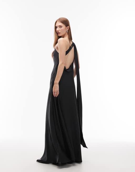 AllSaints monica satin maxi dress with open back in black | ASOS