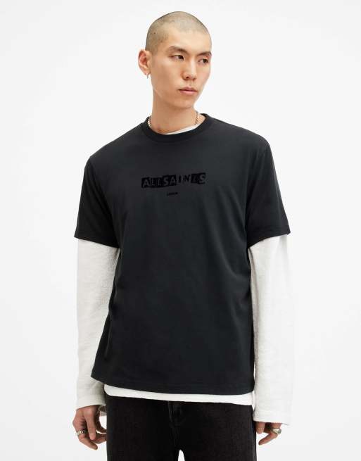 AllSaints – Montage – Kurzärmliges T-Shirt in verwaschenem Schwarz mit Rundhalsausschnitt
