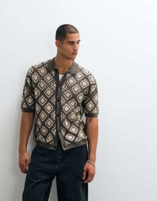 AllSaints Morena short sleeve patch knit cardigan shirt in khaki