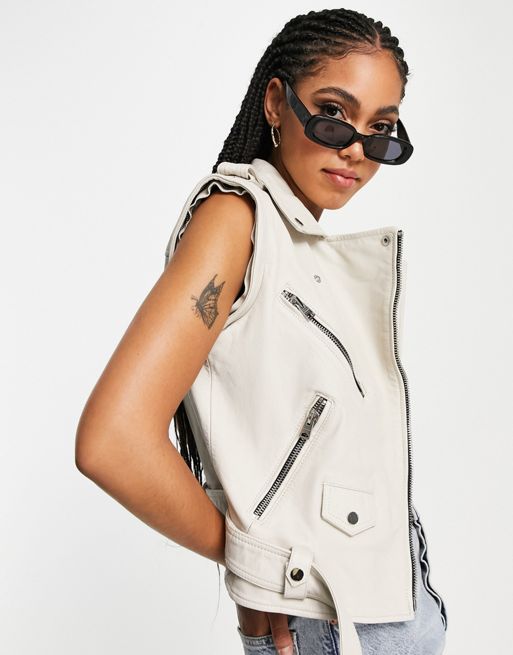 Allsaints Morgan biker jacket with removable sleeves in white
