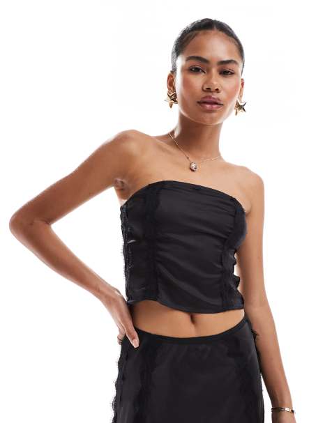 AllSaints Morgan strapless satin and lace top co-ord in black - view 1