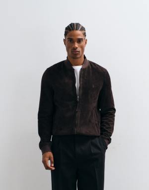 AllSaints Morten zip through suede leather bomber jacket in brown