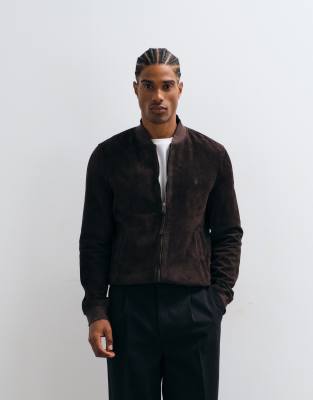 Allsaints Morten Zip Through Suede Leather Bomber Jacket In Burgundy