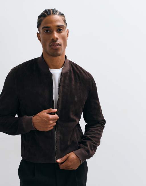 AllSaints Morten zip through suede leather bomber jacket in red, 5 of 5