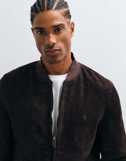AllSaints Morten zip up suede leather bomber jacket in red, 2 of 5