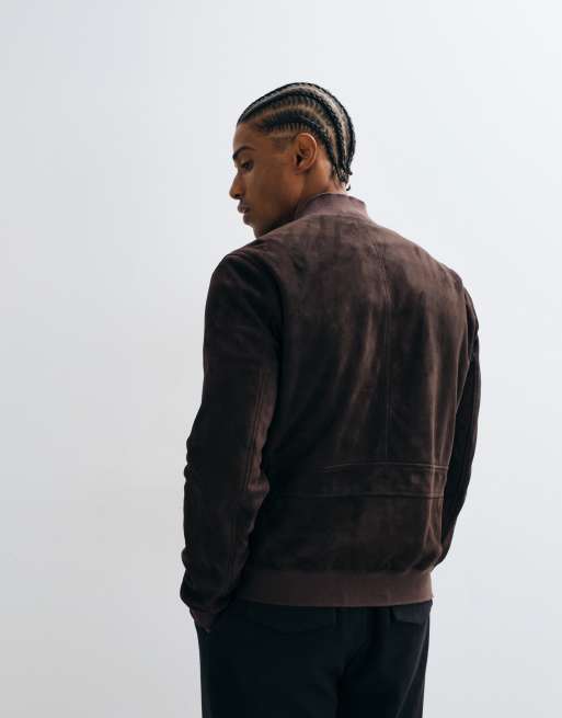 AllSaints Morten zip up suede leather bomber jacket in red, 4 of 5