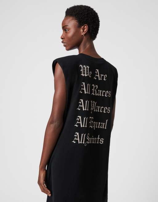 AllSaints - Mouwloze T-shirtjurk met print op de rug en schoudervullingen in zwart
