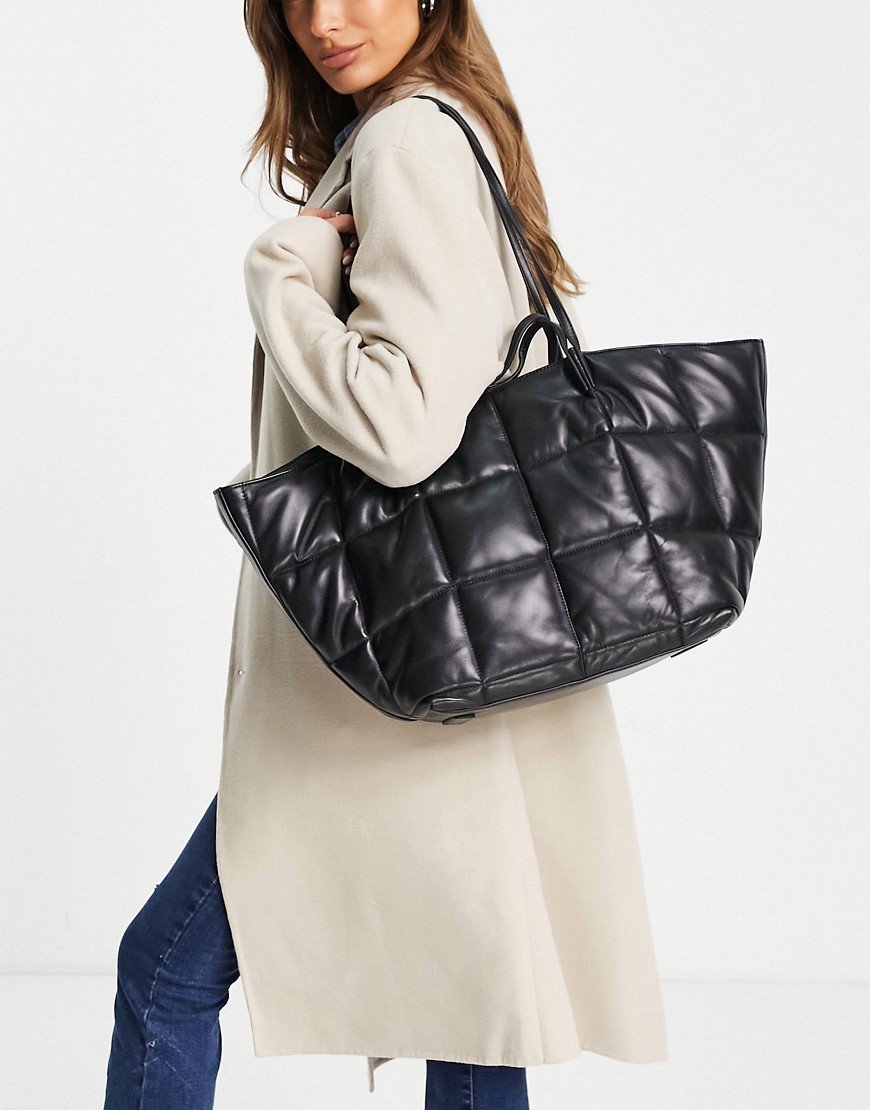 AllSaints Nadaline leather quilted tote bag in black