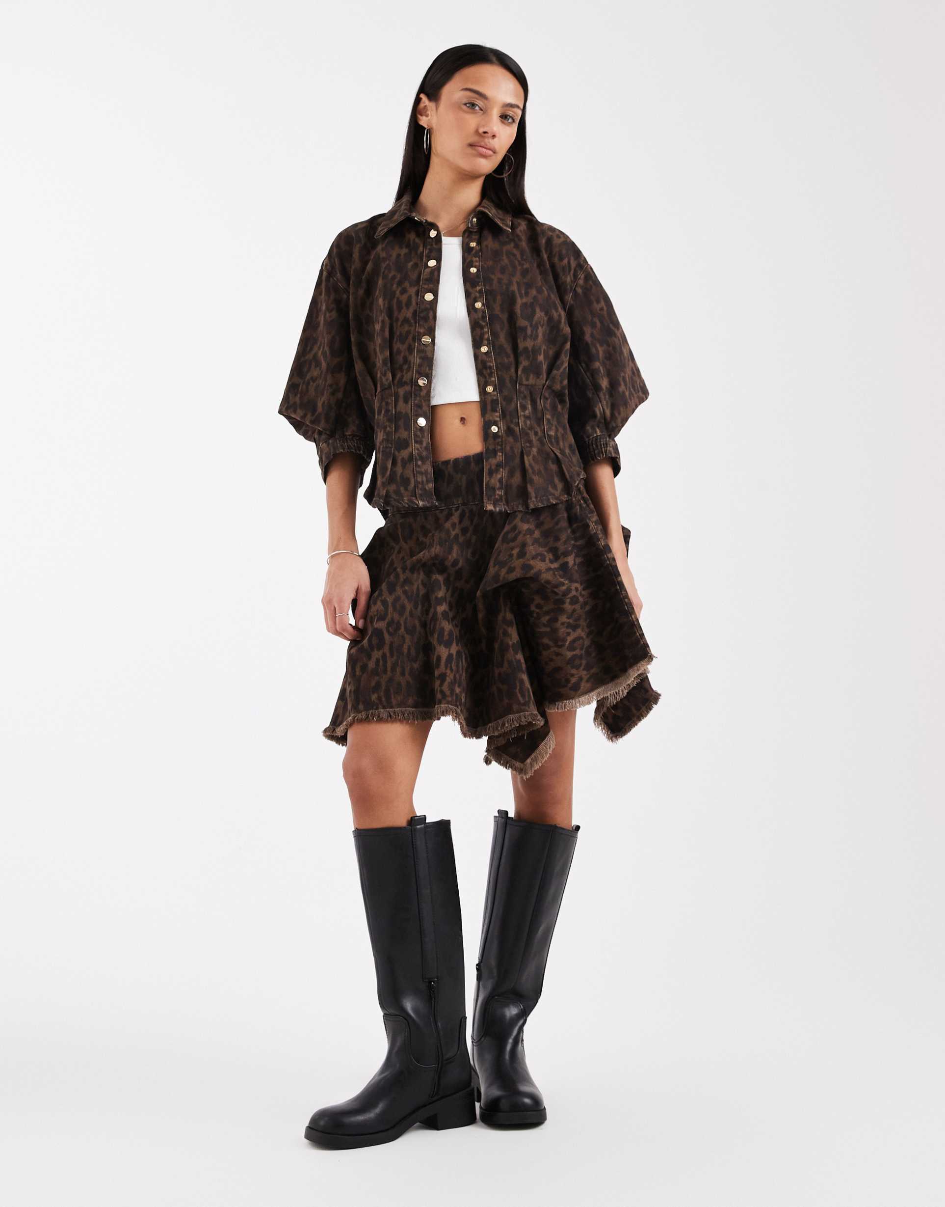 allsaints nancy balloon sleeve leopard print denim top in brown