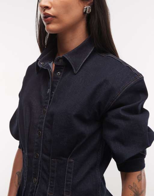AllSaints Nancy plisseret denimskjorte med ballonærmer og indsnøring i mørkeblå vask, 3 af 4