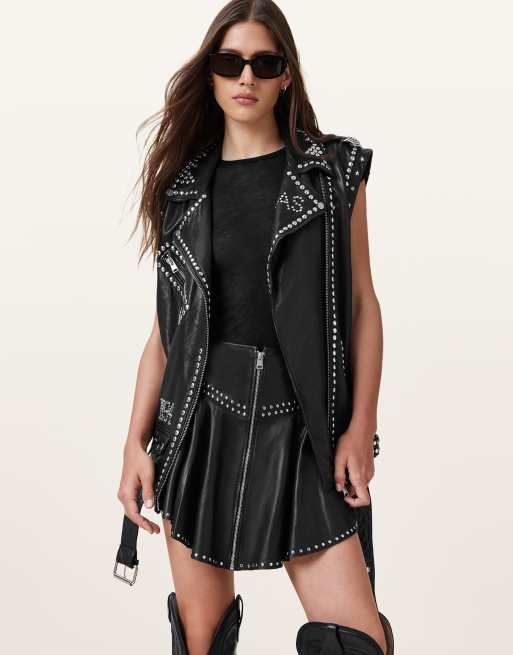 AllSaints – Naria – Lederrock in Schwarz