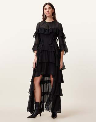 Allsaints Womens Black Nat Ruffled Recycled-polyester Maxi Dress In Black