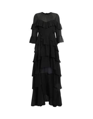 Allsaints Womens Black Nat Ruffled Recycled-polyester Maxi Dress In Black