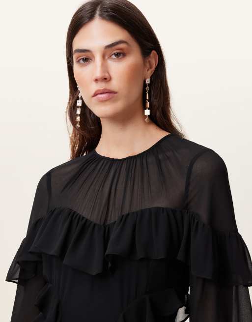 all saints black ruffle dress AllSaints Nat ruffle dress in black