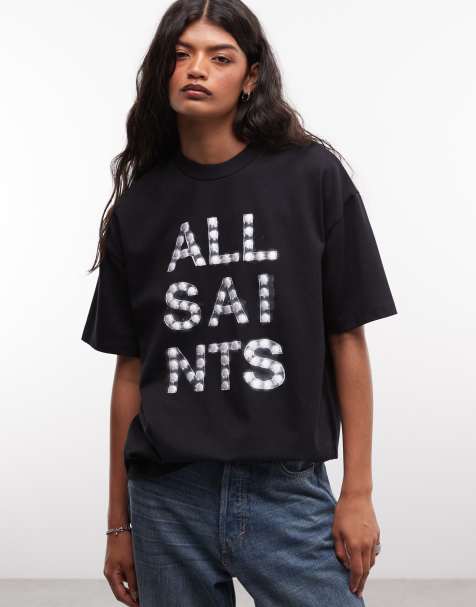 AllSaints Neon Etta graphic logo t-shirt in black - view 1