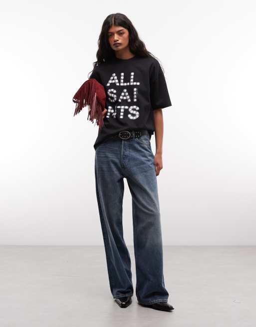 AllSaints Neon Etta graphic logo t-shirt in black, 2 of 4