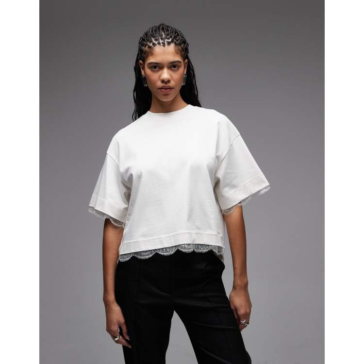 AllSaints nia lace trim crop t-shirt in white | ASOS
