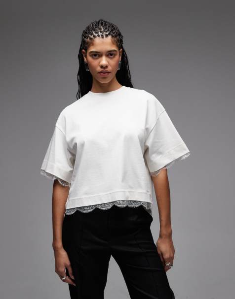 AllSaints nia lace trim cropped t-shirt in white - view 1