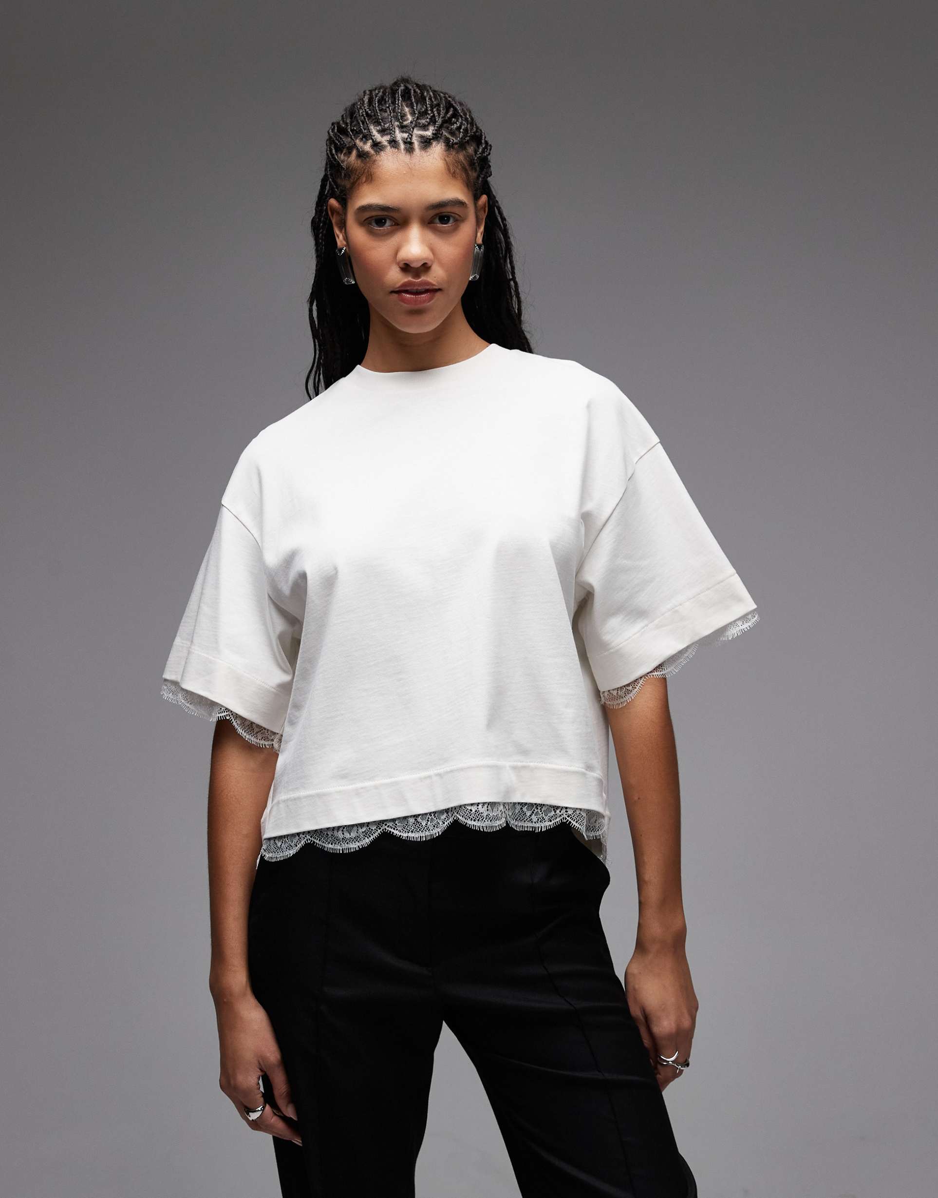 allsaints nia lace trim cropped t-shirt in white