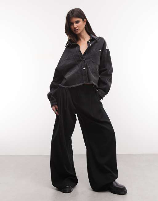 AllSaints Nicky co-ord camicia in denim a maniche lunghe con borchie, lavaggio nero, 4 di 4