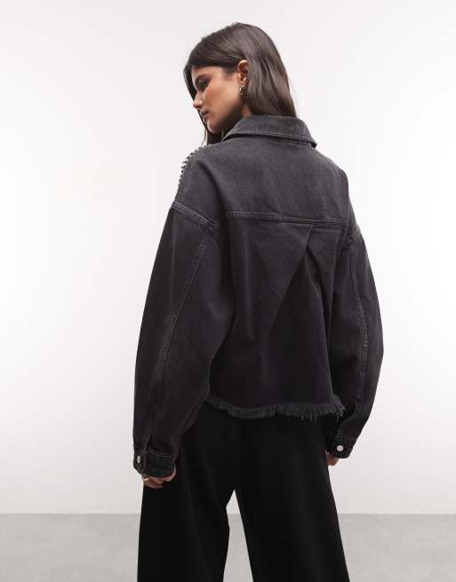 AllSaints Nicky co-ord long sleeve stud embellished denim shirt in washed black, 3 of 4