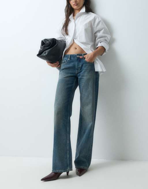 AllSaints Nico low rise wide leg denim jeans in vintage wash blue, 1 of 5