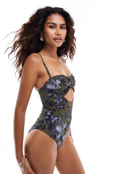 AllSaints Niki shirred bandeau swimsuit in black floral - view 1