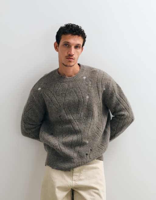 AllSaints Niko merino wool distressed knit jumper in metal grey, 2 of 5