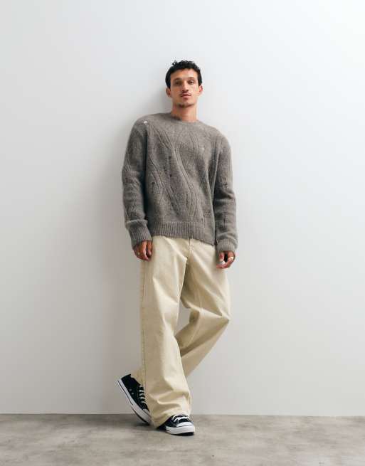 AllSaints Niko merino wool distressed knit jumper in metal grey, 5 of 5