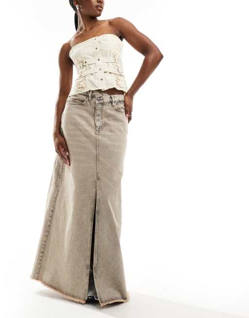 AllSaints - Noir - Denim maxi rok met A-lijn in grijs met wassing