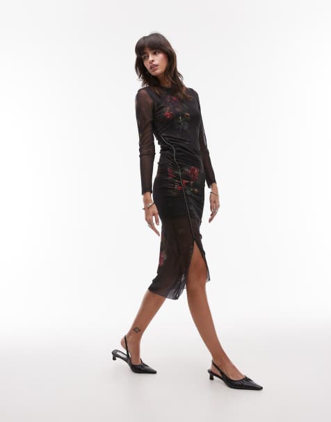 AllSaints – Nora – Midikleid aus Glitzer-Netzstoff in Schwarz mit Blumenmuster - view 1
