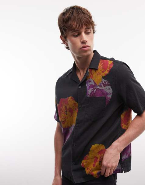 AllSaints Nouvelle short sleeve linen blend floral shirt in black - view 1