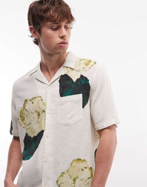 AllSaints Nouvelle short sleeve linen blend floral shirt in ecru