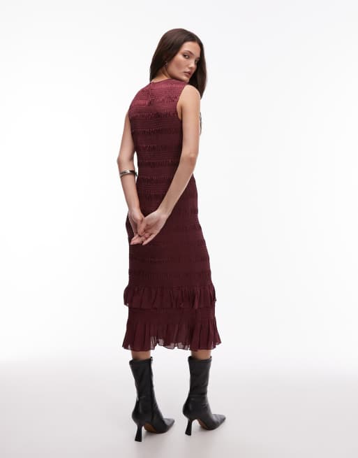 AllSaints – Nyla – Bordowa sukienka midi z falbankami, 3 z 4
