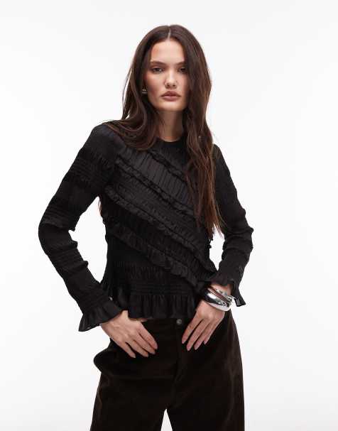 Allsaints Nyla ruffle long sleeve top in black
