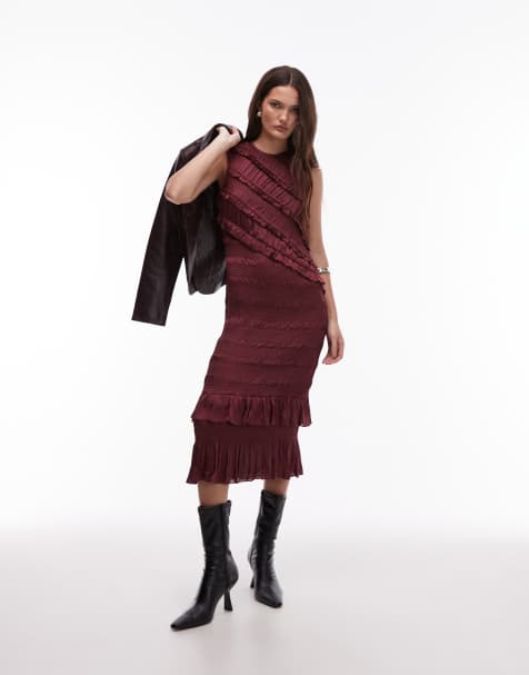 AllSaints - Nyla - Midi jurk met ruches in bordeauxrood - view 1