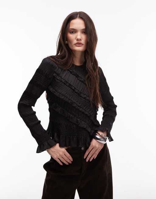 Allsaints Nyla ruffle long sleeve top in black - BLACK