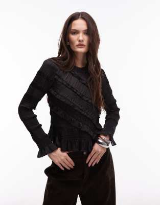 AllSaints Nyla ruffle long sleeve top in black