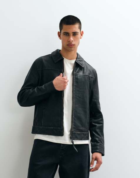 AllSaints Oakland chaqueta de cuero con cremallera integral en negro/marrón - view 1