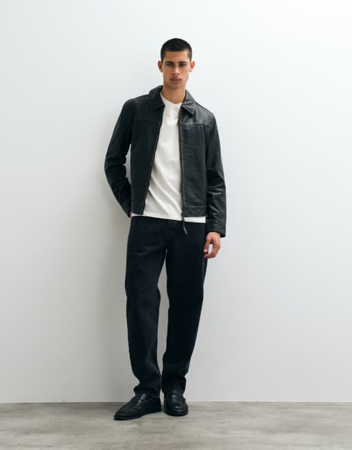 AllSaints Oakland veste en cuir zippée noir/marron, 2 de 5